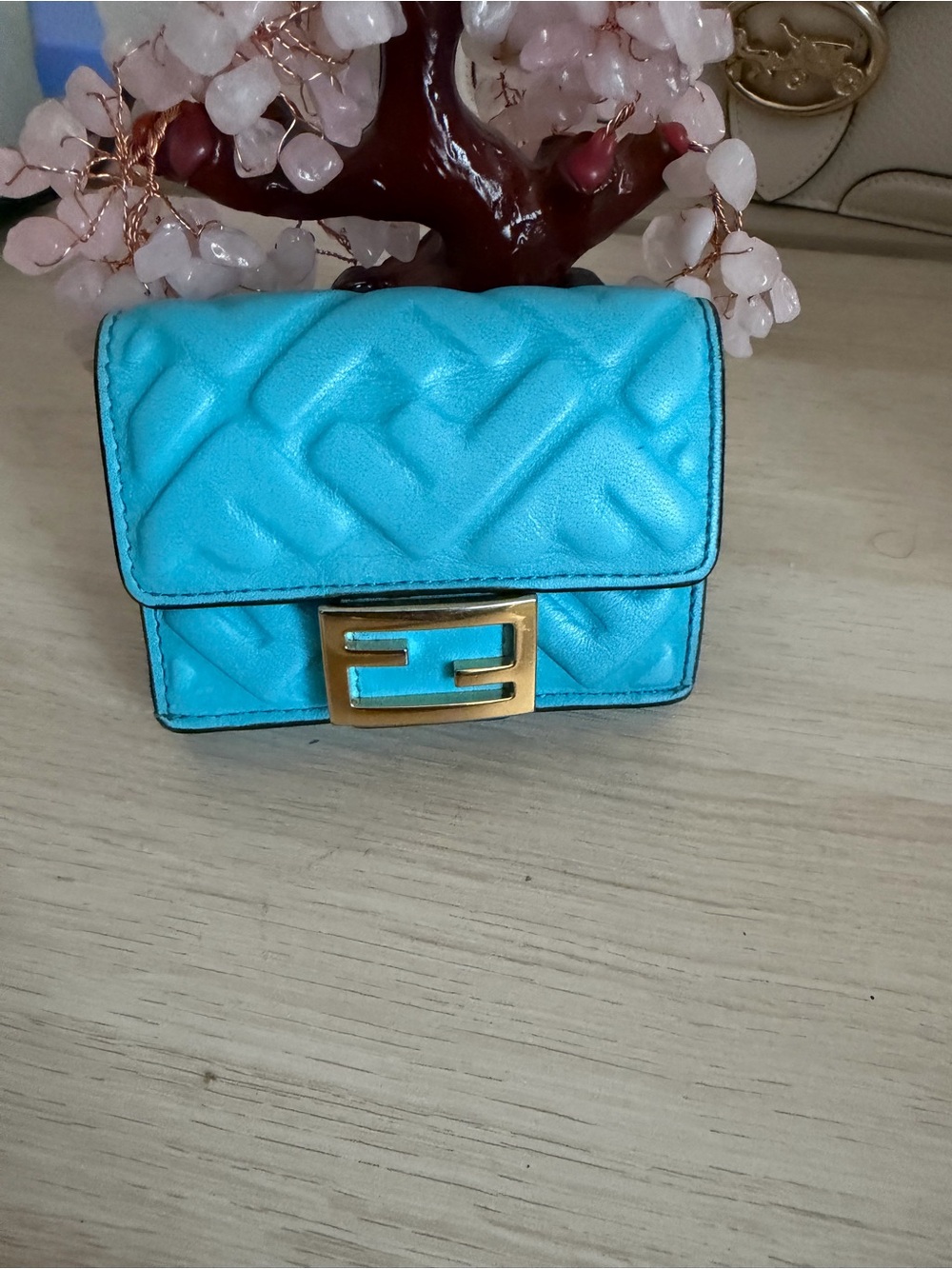 Fendi Turquoise Quilted Mini trifold wallet with Gold-Tone FF Clasp